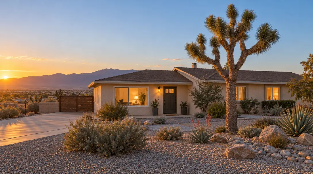 Single-story high-desert home with a Joshua tree in the Antelope Valley at sunset (illustrative)