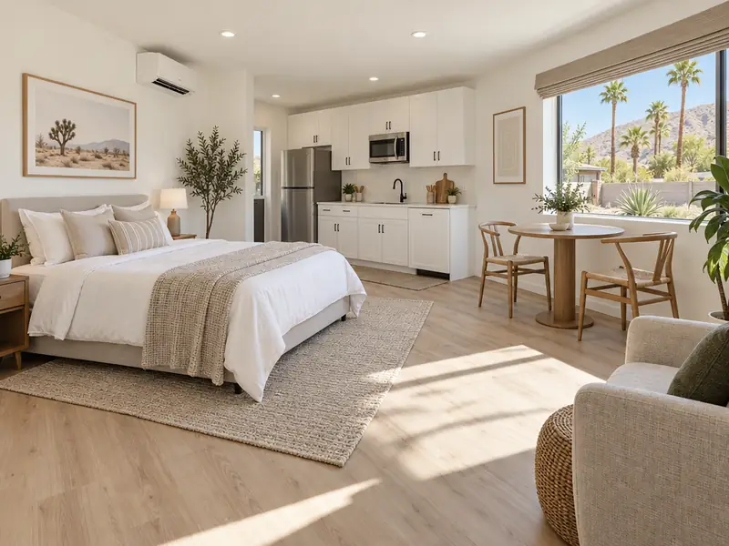 Studio ADU example: converted garage interior